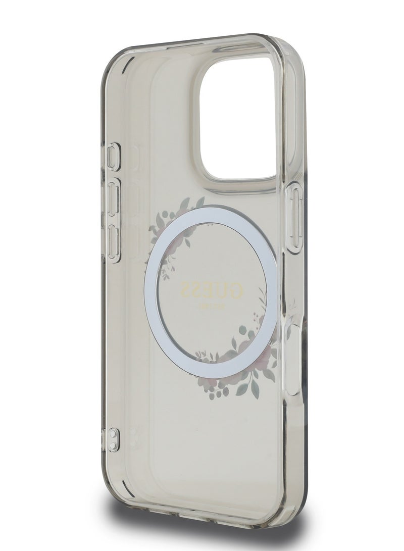GUESS iPhone 16 Pro Max Magsafe Case IML Hard Cover with Flower Wreath Design / Drop protection / Lightweight back Cover / Comfortable Grip  - Black - Image 3