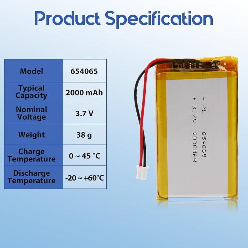 Winfox 3.7V 2000mAh 654065 Lipo Battery Rechargeable Lithium Polymer Battery Pack with JST PH2.0mm Connector for Bluetooth Speaker, GPS, Smart Watch, Portable Devices - Image 4
