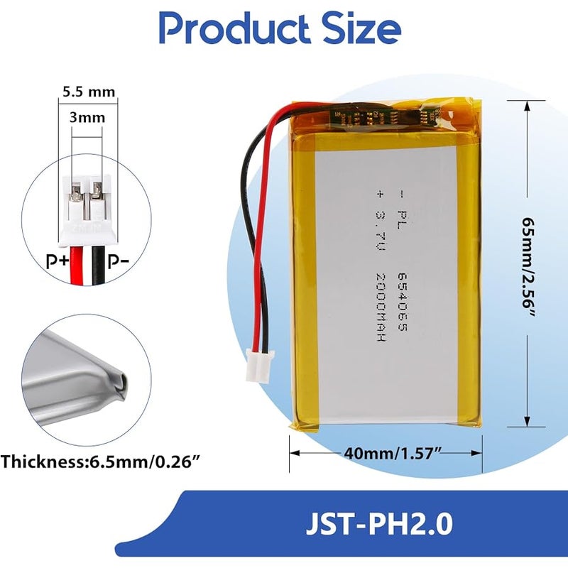 Winfox 3.7V 2000mAh 654065 Lipo Battery Rechargeable Lithium Polymer Battery Pack with JST PH2.0mm Connector for Bluetooth Speaker, GPS, Smart Watch, Portable Devices - Image 2