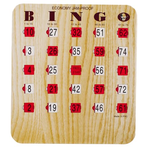 MR CHIPS Large 1475 L x 675 W JamProof Finger Tip Bingo Master Board Card with Large 34 Sliding Windows Thick 5 Ply Cardboard Tan Woodgrain Style Perfect for Tracking Bingo Games - Image 1