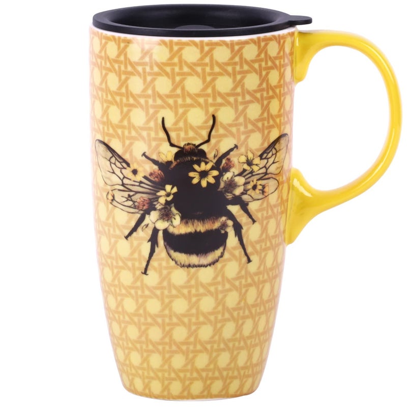 DUSVALLY Ceramic Mug Large Coffee Cup Tall Travel Mugs Porcelain Latte Tea Cup with Lid 17ozBeeGifts for Mom