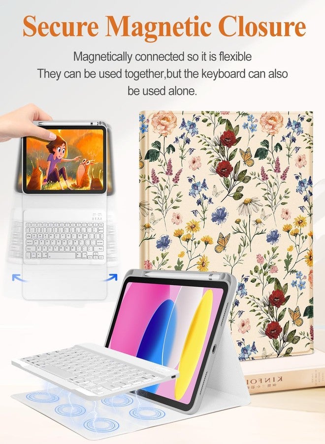 Wazzasoft for iPad 10th Generation Case with Keyboard Pencil Holder 10.9 Inch Folio Tablet Cover Women Girls Cute Girly Teens Kawaii Floral Flower Unique Design for Apple Funda for iPad 10th gen - Image 4
