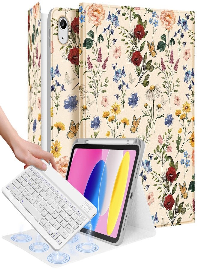 Wazzasoft for iPad 10th Generation Case with Keyboard Pencil Holder 10.9 Inch Folio Tablet Cover Women Girls Cute Girly Teens Kawaii Floral Flower Unique Design for Apple Funda for iPad 10th gen - Image 1