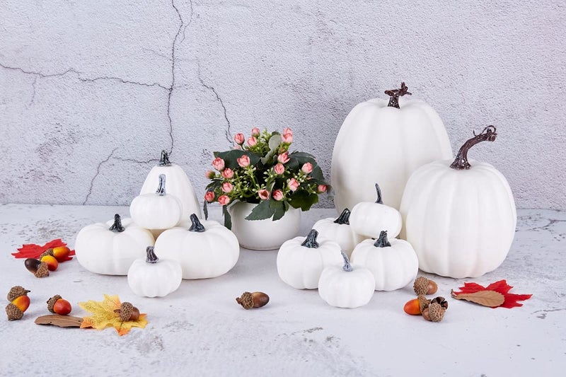 Artmag Artmag Package of 12 Pcs Assorted Sizes Artificial White Pumpkins Large Faux Harvest Pumpkins for Fall Thanksgiving Halloween Seasonal Holiday Decor Decoration  - Image 2