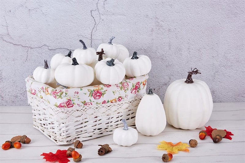 Artmag Artmag Package of 12 Pcs Assorted Sizes Artificial White Pumpkins Large Faux Harvest Pumpkins for Fall Thanksgiving Halloween Seasonal Holiday Decor Decoration  - Image 3