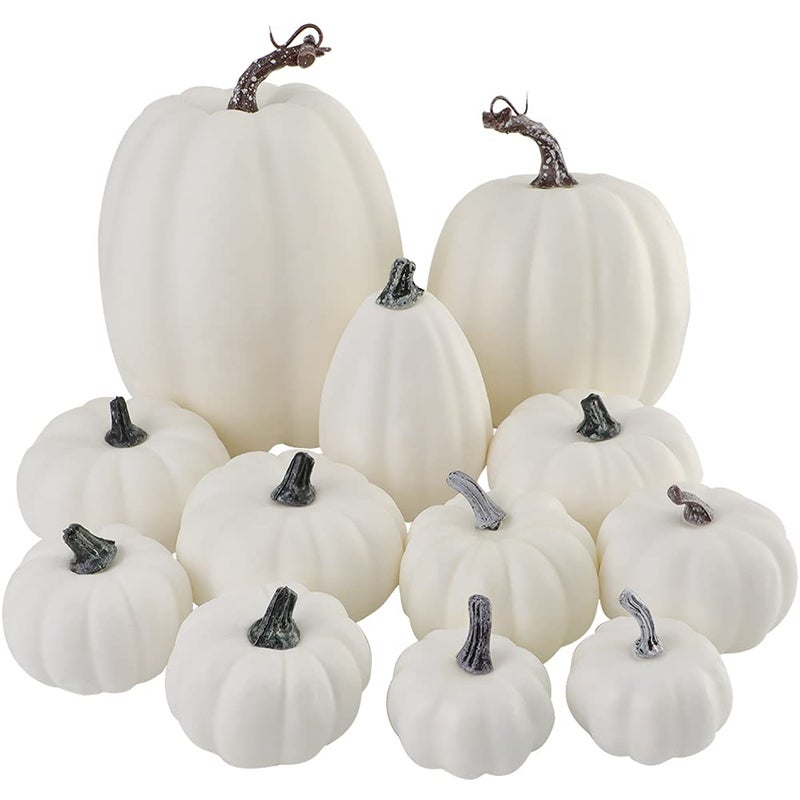Artmag Artmag Package of 12 Pcs Assorted Sizes Artificial White Pumpkins Large Faux Harvest Pumpkins for Fall Thanksgiving Halloween Seasonal Holiday Decor Decoration  - Image 1