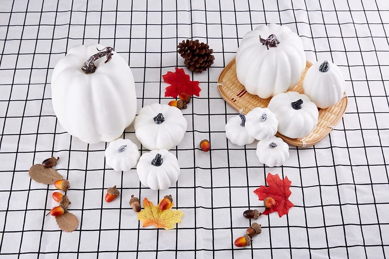 Artmag Artmag Package of 12 Pcs Assorted Sizes Artificial White Pumpkins Large Faux Harvest Pumpkins for Fall Thanksgiving Halloween Seasonal Holiday Decor Decoration  - Image 4
