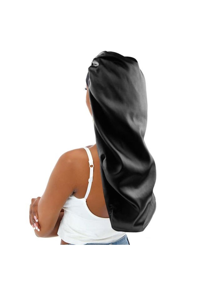 sent hair Sent Hair Extra Large Satin Hair Bonnet for Women, Double-Layer Elastic Night Sleeping Cap with Tie Band for Braids/Curly/Long Hair - Black  - Image 1