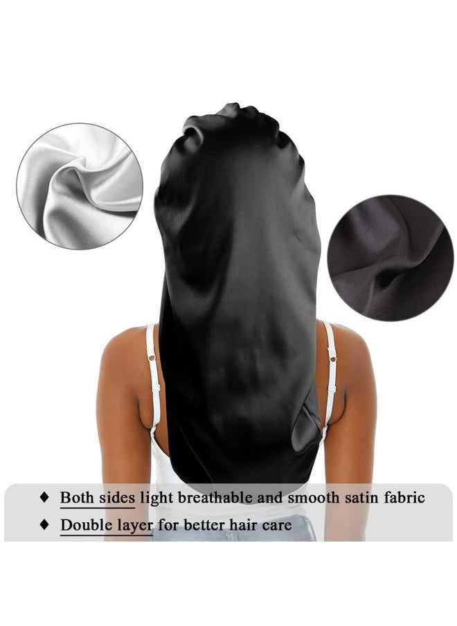 sent hair Sent Hair Extra Large Satin Hair Bonnet for Women, Double-Layer Elastic Night Sleeping Cap with Tie Band for Braids/Curly/Long Hair - Black  - Image 5