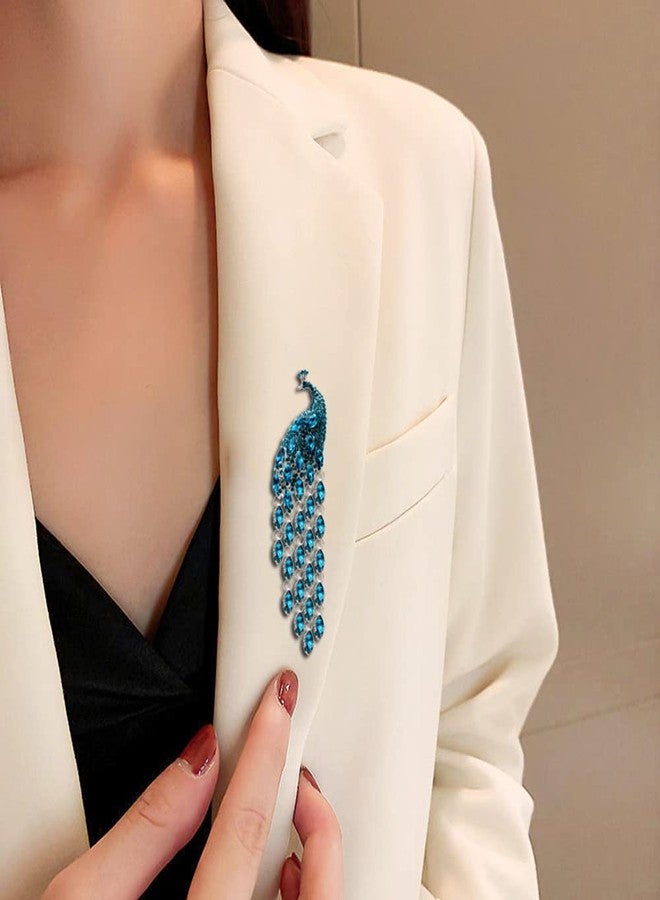 OIDIMS Crystal Peacock Brooch Pin for Women Girls Fashion Blue Cubic Zirconia Tassels Rhinestone Bird Animal Brooches Lapel Pins Elegant Dress Accessories Wedding Christmas Birthday Jewelry Gift, Gemstone, - Image 2