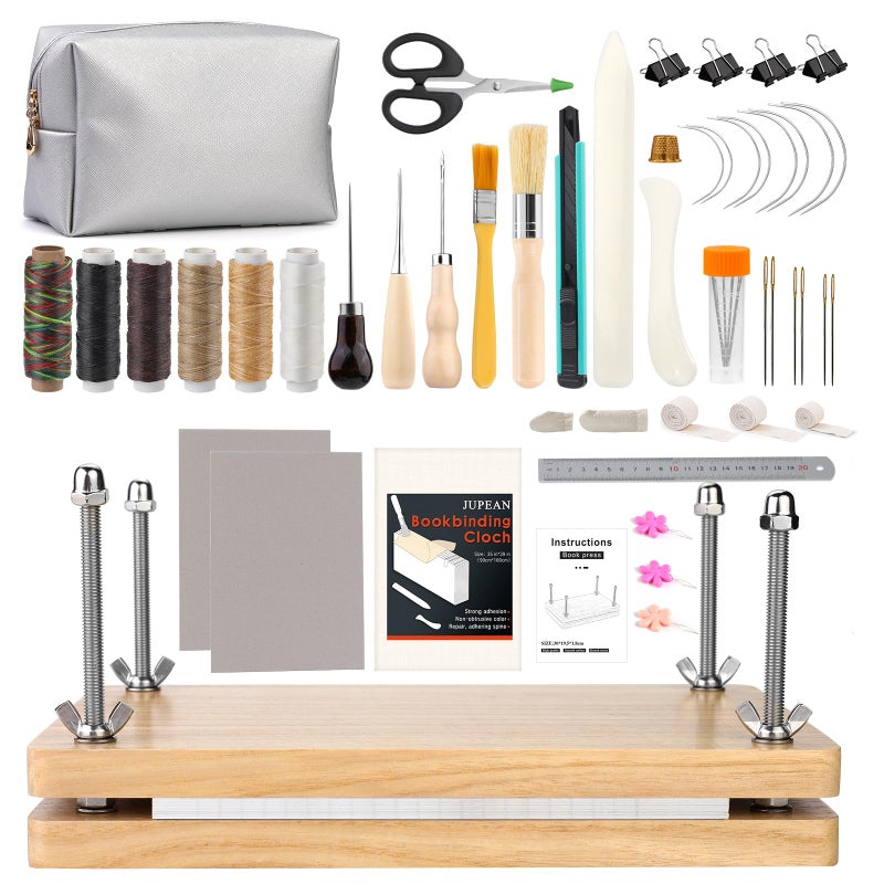 JUPEAN 45 Pcs Book Binding Kits Bookbinding Kit Book Press 79x116 with Books Binding Materials Bone Folder Tool Webbing Strap and Storage Bag for Bindings and Repair