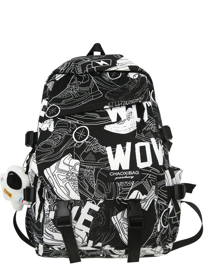 حقيبة ظهر مدرسية كاجوال للجنسين ذات ألوان متناسقة ومطبوع عليها رسومات جرافيتي، حقيبة مدرسية متعددة الألوان مناسبة للفتيات والأولاد - Image 1