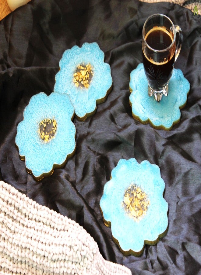 Monstera Hut ® Baby Sky Blue & Gold Flower Shaped Resin Coasters | Decorative Coaster (Pack of 4) | Coasters Size:- Size 13cm | 5inch - Image 4