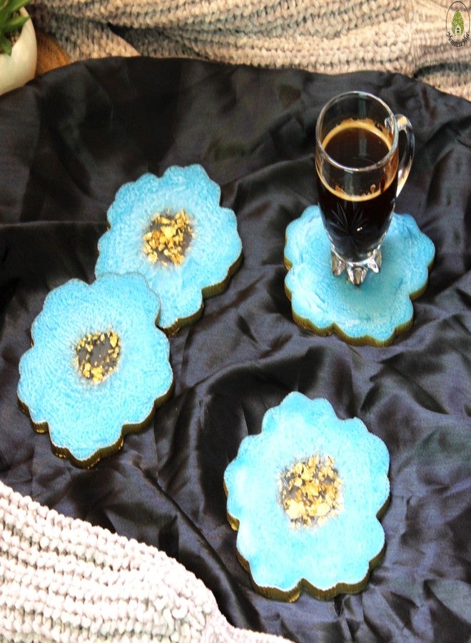 Monstera Hut ® Baby Sky Blue & Gold Flower Shaped Resin Coasters | Decorative Coaster (Pack of 4) | Coasters Size:- Size 13cm | 5inch - Image 1