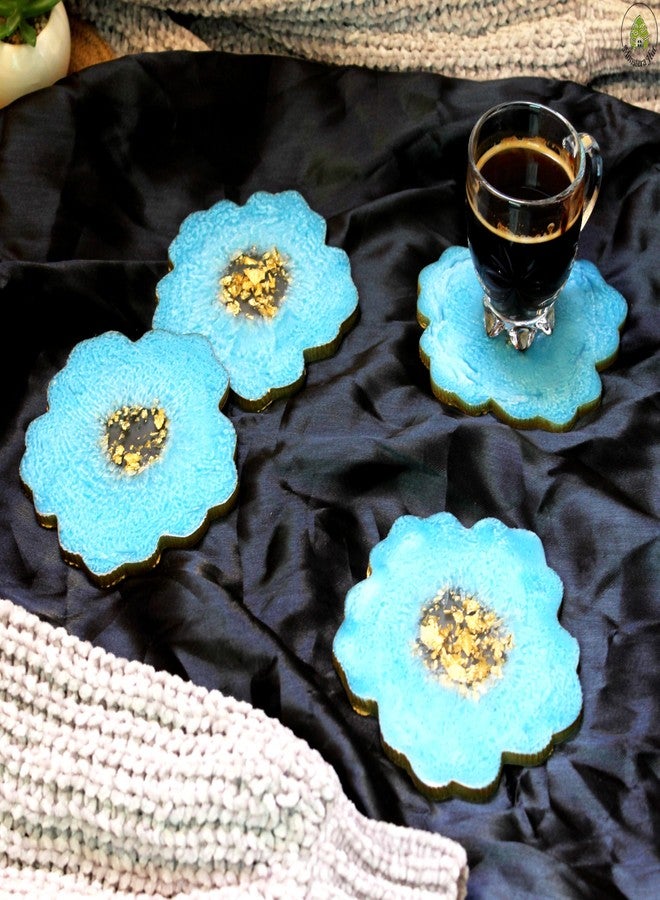 Monstera Hut ® Baby Sky Blue & Gold Flower Shaped Resin Coasters | Decorative Coaster (Pack of 4) | Coasters Size:- Size 13cm | 5inch - Image 5