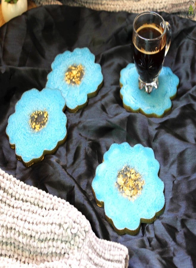 Monstera Hut ® Baby Sky Blue & Gold Flower Shaped Resin Coasters | Decorative Coaster (Pack of 4) | Coasters Size:- Size 13cm | 5inch - Image 3
