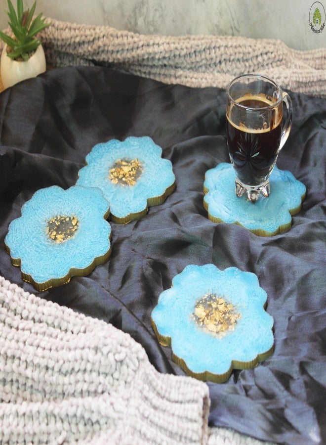 Monstera Hut ® Baby Sky Blue & Gold Flower Shaped Resin Coasters | Decorative Coaster (Pack of 4) | Coasters Size:- Size 13cm | 5inch - Image 2