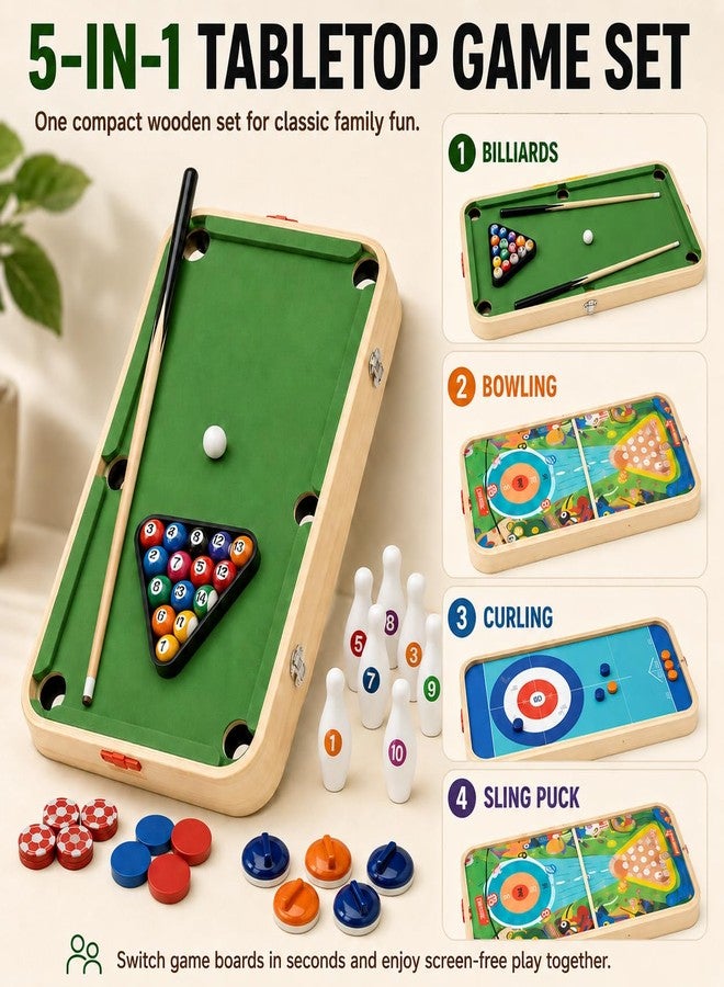 Miosea 5 in 1 Tabletop Game Set for Kids Boys Girls, Wooden Mini Pool Table with Billiards, Bowling, Hockey, Curling & Sling Puck, Compact Multi Game Table for Home, Playroom, Family Game Night - Image 2