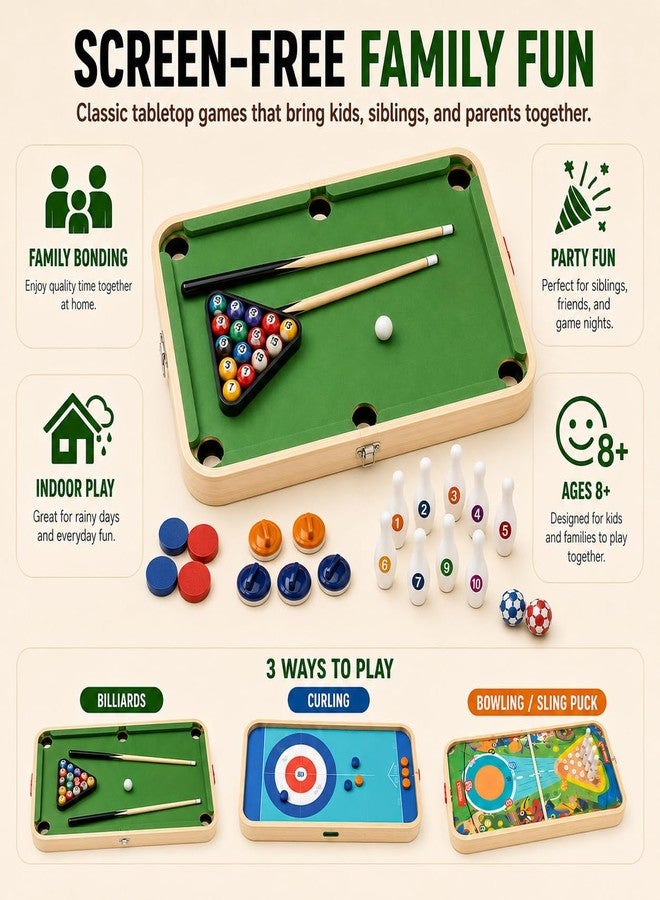 Miosea 5 in 1 Tabletop Game Set for Kids Boys Girls, Wooden Mini Pool Table with Billiards, Bowling, Hockey, Curling & Sling Puck, Compact Multi Game Table for Home, Playroom, Family Game Night - Image 3