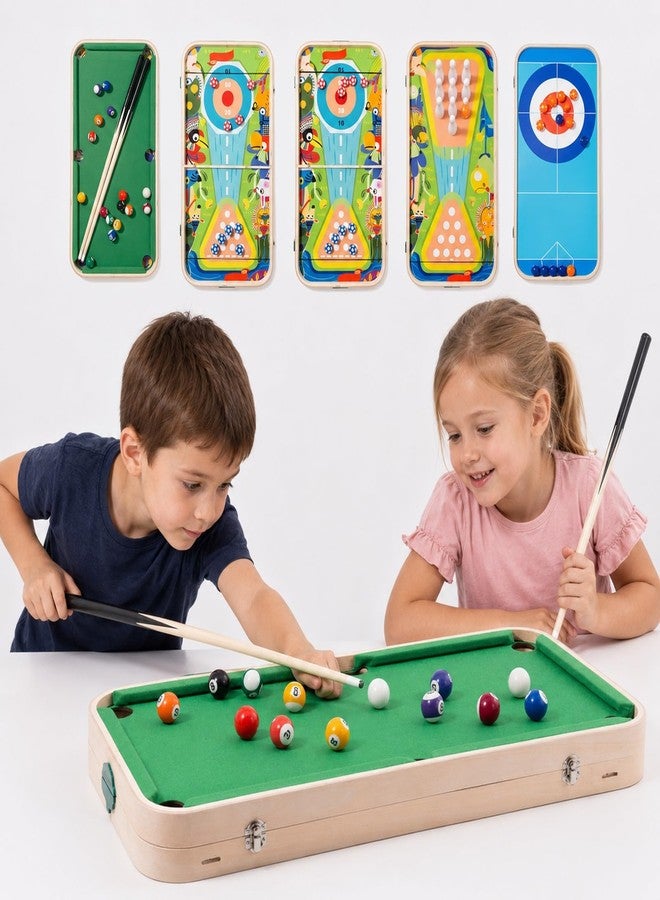 Miosea 5 in 1 Tabletop Game Set for Kids Boys Girls, Wooden Mini Pool Table with Billiards, Bowling, Hockey, Curling & Sling Puck, Compact Multi Game Table for Home, Playroom, Family Game Night - Image 1