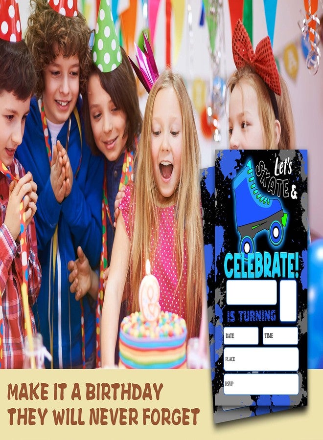 ONDTOM دعوات حفلة عيد ميلاد للتزلج على العجلات باللون الأزرق من ONDTOM مع أظرف (4 × 6 بوصات) - عبوة من 20 دعوة - دعوات حفلة تزلج متوهجة بالنيون - c15 - Image 3