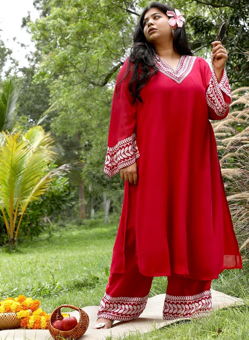 Instafab Plus Instafab Plus Women's Scarlet Red Indie Leaf-Lined Imprint Kurta Set For Ethnic Wear | V-Neck, Long Flared Sleeves | Floral Placement Print Plain Fabric | 2 Piece Kurta Set For Casual & Evening Wear