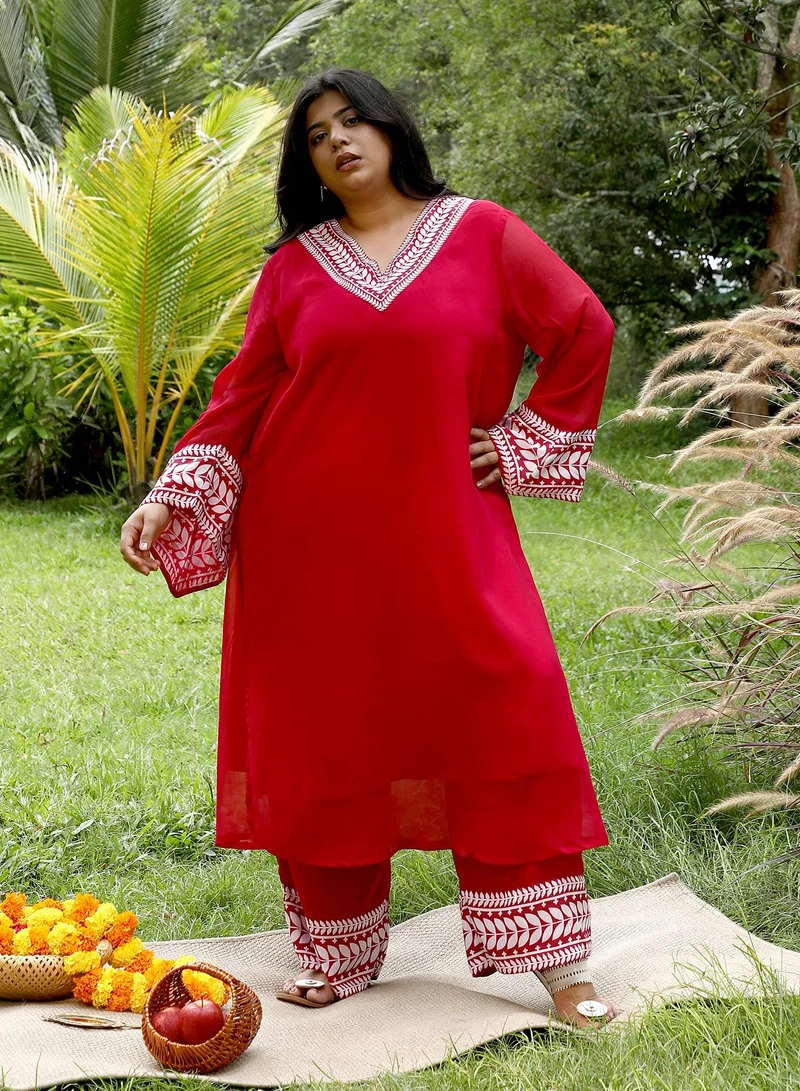 Instafab Plus Instafab Plus Women's Scarlet Red Indie Leaf-Lined Imprint Kurta Set For Ethnic Wear | V-Neck, Long Flared Sleeves | Floral Placement Print Plain Fabric | 2 Piece Kurta Set For Casual & Evening Wear