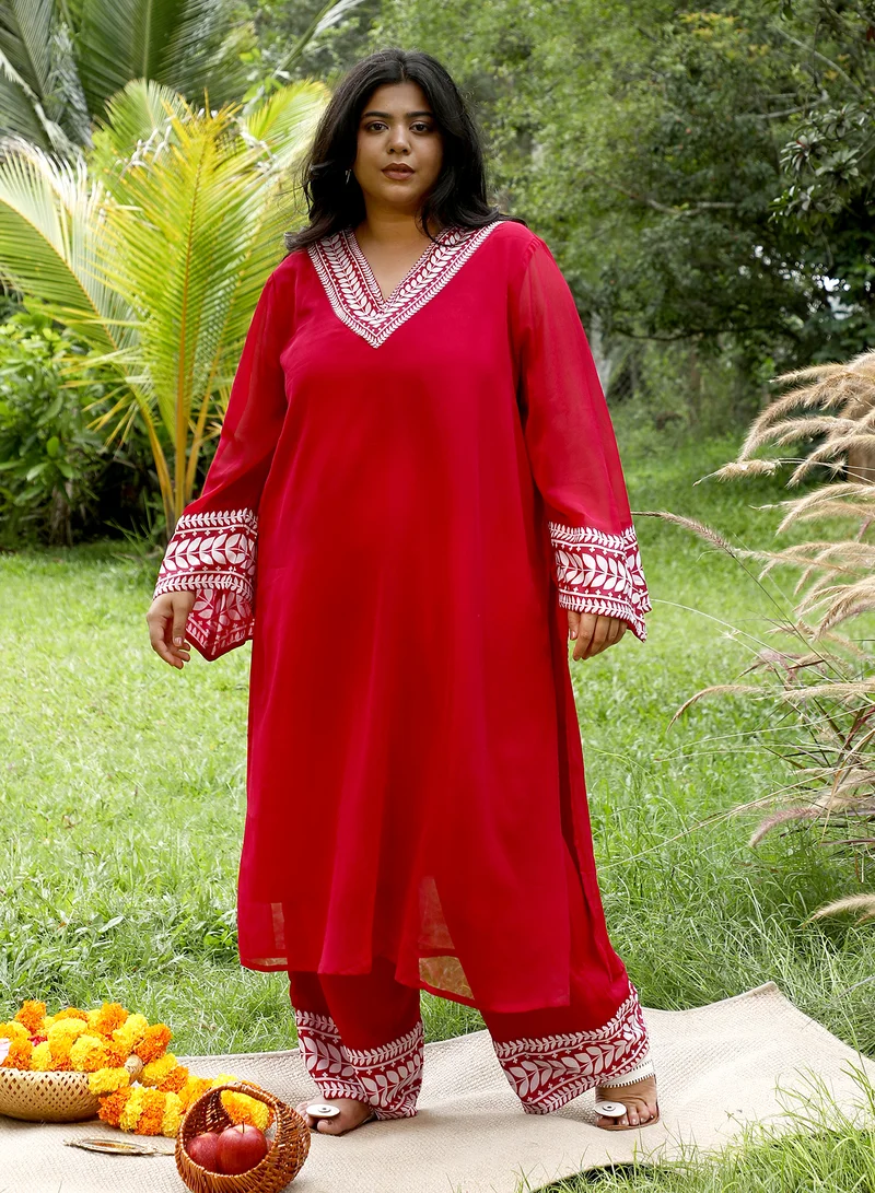Instafab Plus Instafab Plus Women's Scarlet Red Indie Leaf-Lined Imprint Kurta Set For Ethnic Wear | V-Neck, Long Flared Sleeves | Floral Placement Print Plain Fabric | 2 Piece Kurta Set For Casual & Evening Wear