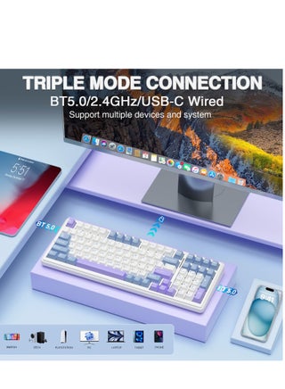 لوحة مفاتيح ميكانيكية لاسلكية F99، لوحة مفاتيح ثلاثية الوضع BT5.0/2.4GHz/USB-C، مفاتيح خطية مسبقة التشحيم، هيكل حشوة، لوحة مفاتيح ألعاب بإضاءة خلفية RGB - view 3