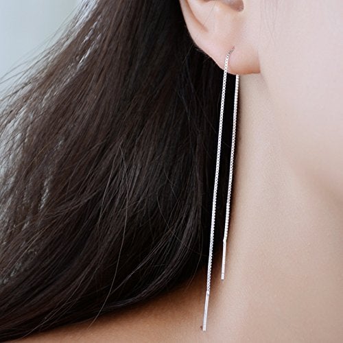 MSECVOI A Pair 925 Sterling Silver Tassel Threader Drop Earrings Long Chain Ear Line (silvery) - Image 2