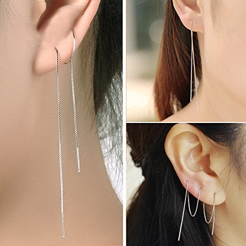 MSECVOI A Pair 925 Sterling Silver Tassel Threader Drop Earrings Long Chain Ear Line (silvery) - Image 3