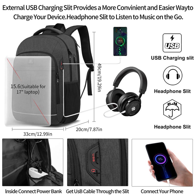CAFELE 17.3 Inch Laptop Backpack, School Backpack,Large TSA Travel Carry on Backpack,College Student Bookbag with USB Port,Teenagers Water Resistant Computer Bagpack Gift for Men Women,Grey - Image 4