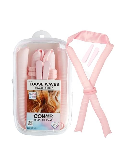 CONAIR Conair Satin Heatless Curls Set - Heatless curls overnight- heatless curls headband - includes 1 Long Satin Roller, 2 Ponytailers, and 2 Clips 