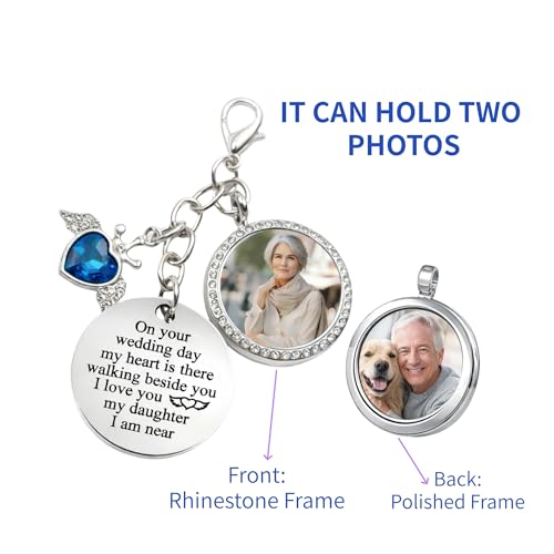 Dorla Cool Something Blue Charm for Bride Bouquet Rhinestone Photo Locket DIY Memorial Gifts Bridal Keepsake Daughter Wedding Accessories in Memory of Mom or Dad, Remembrance Gift - Image 2
