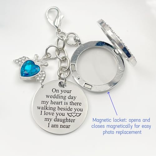 Dorla Cool Something Blue Charm for Bride Bouquet Rhinestone Photo Locket DIY Memorial Gifts Bridal Keepsake Daughter Wedding Accessories in Memory of Mom or Dad, Remembrance Gift - Image 5