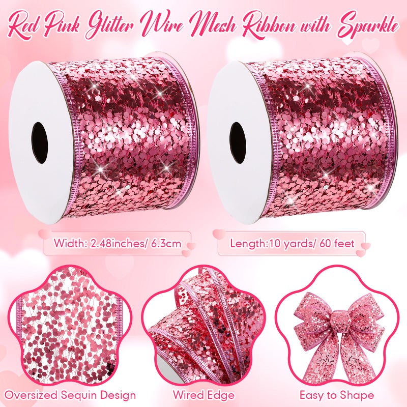 Wesnoy 2 Rolls Pink Valentine's Day Glitter Mesh Wired Ribbon 2.5 Inch x 10 Yard Sparkling Sequin Mesh Ribbon for Valentines Gift Wrapping DIY Crafts Wreath Bow Flower Bouquet Garlands Wedding Decoration - Image 2