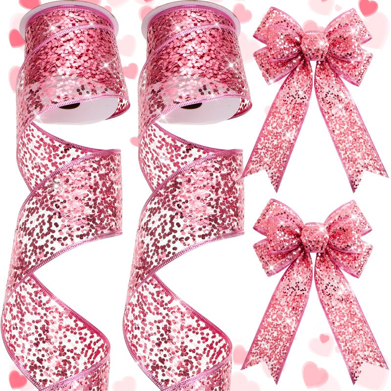Wesnoy 2 Rolls Pink Valentine's Day Glitter Mesh Wired Ribbon 2.5 Inch x 10 Yard Sparkling Sequin Mesh Ribbon for Valentines Gift Wrapping DIY Crafts Wreath Bow Flower Bouquet Garlands Wedding Decoration - Image 1