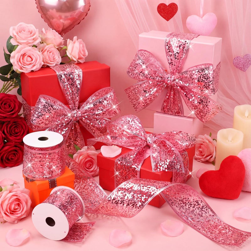 Wesnoy 2 Rolls Pink Valentine's Day Glitter Mesh Wired Ribbon 2.5 Inch x 10 Yard Sparkling Sequin Mesh Ribbon for Valentines Gift Wrapping DIY Crafts Wreath Bow Flower Bouquet Garlands Wedding Decoration - Image 3