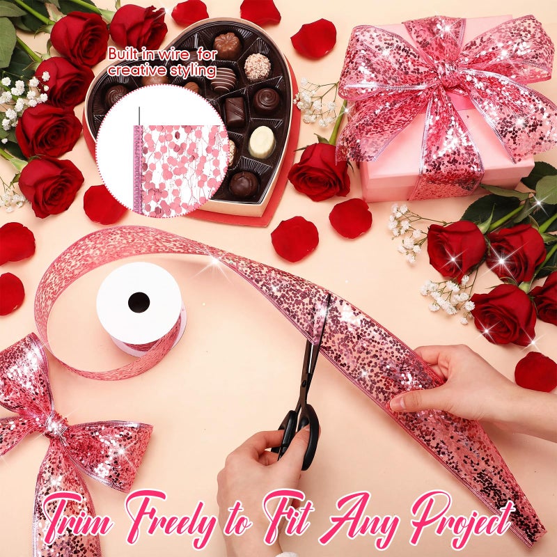 Wesnoy 2 Rolls Pink Valentine's Day Glitter Mesh Wired Ribbon 2.5 Inch x 10 Yard Sparkling Sequin Mesh Ribbon for Valentines Gift Wrapping DIY Crafts Wreath Bow Flower Bouquet Garlands Wedding Decoration - Image 4
