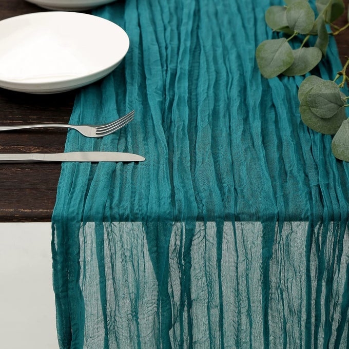 TEAL CHEESECLOTH TABLE RUNNER 133FT BOHO GAUZE CHEESE CLOTH TABLE RUNNER RUSTIC SHEER RUNNER 160INCH LONG FOR WEDDING BRIDAL BABY SHOWER BIRTHDAY PARTY CAKE TABLE DECORATIONS