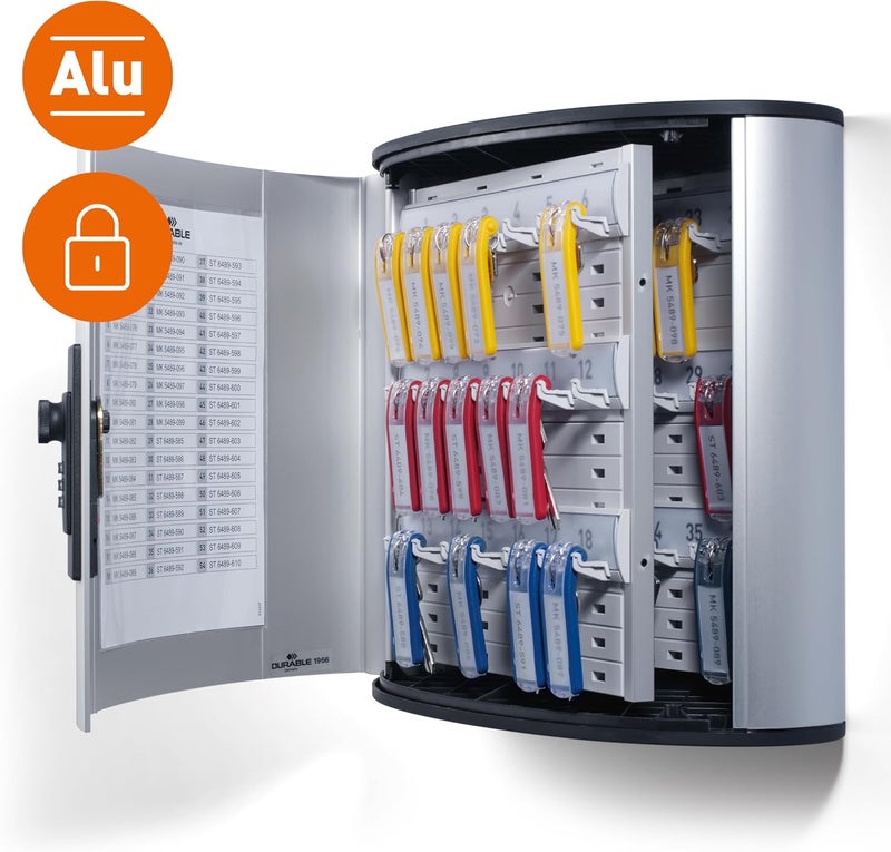 DURABLE Wall Mounted Key Cabinet with Combination Lock - Holds 36 Key Tags, Brushed Aluminum Finish - Image 5