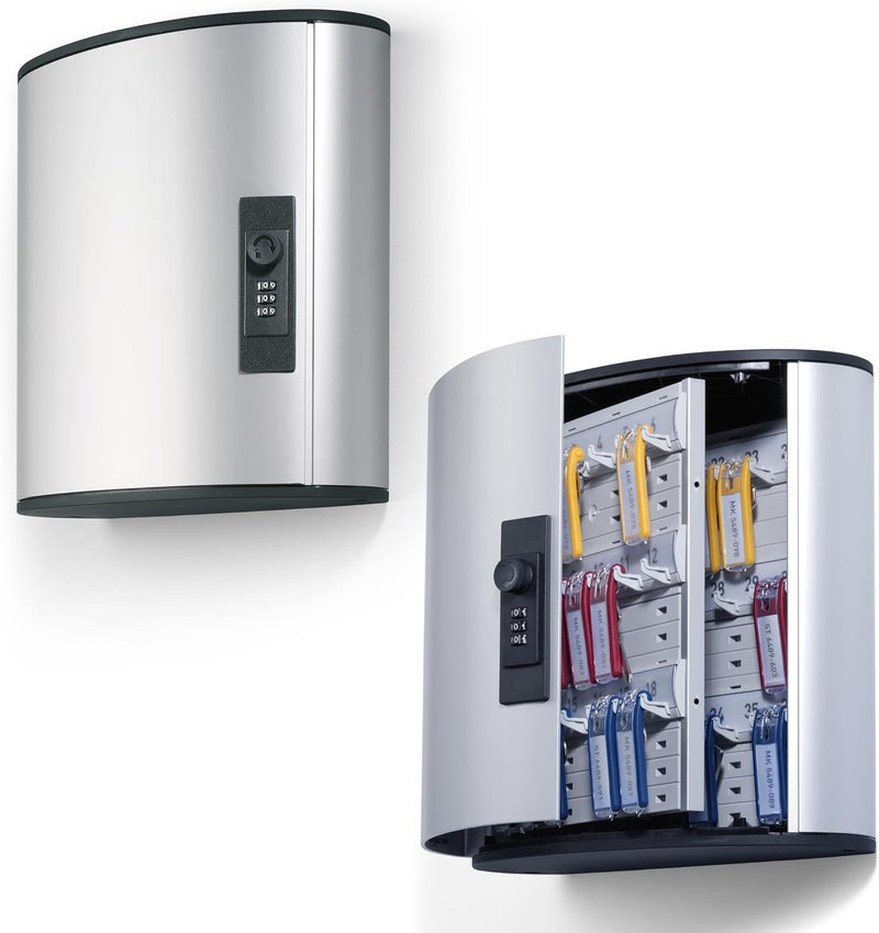 DURABLE Wall Mounted Key Cabinet with Combination Lock - Holds 36 Key Tags, Brushed Aluminum Finish - Image 1