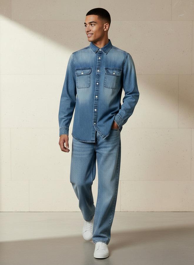 Lee Cooper Men Regular Fit Collared Long Sleeves Reef Denim Shirt - Image 2