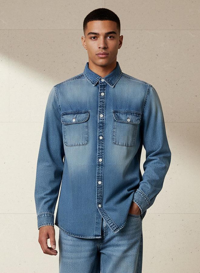 Lee Cooper Men Regular Fit Collared Long Sleeves Reef Denim Shirt - Image 1