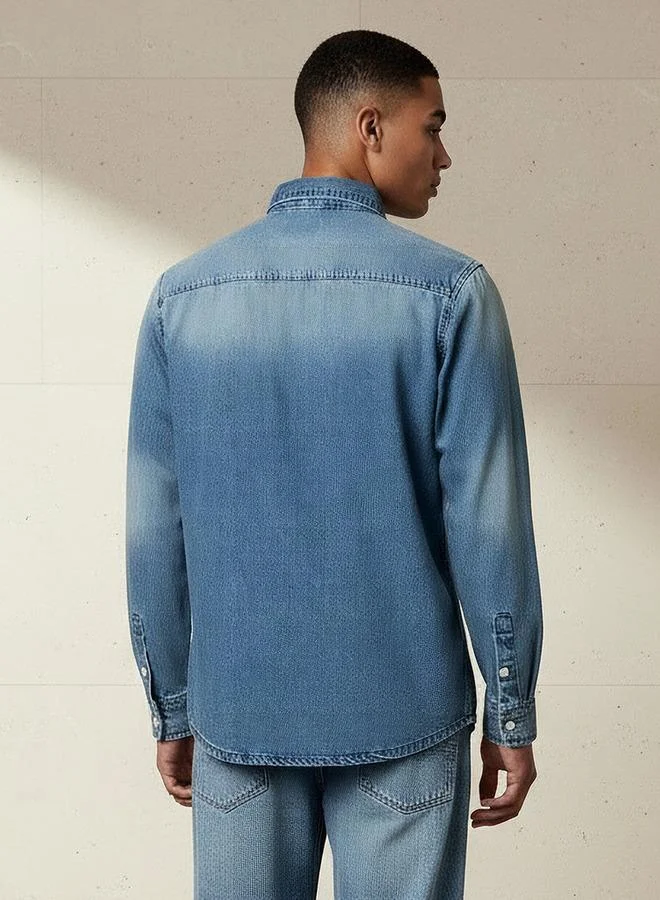 Lee Cooper  Lee Cooper Men Regular Fit Collared Long Sleeves Reef Denim Shirt for Men | Best Price UAE