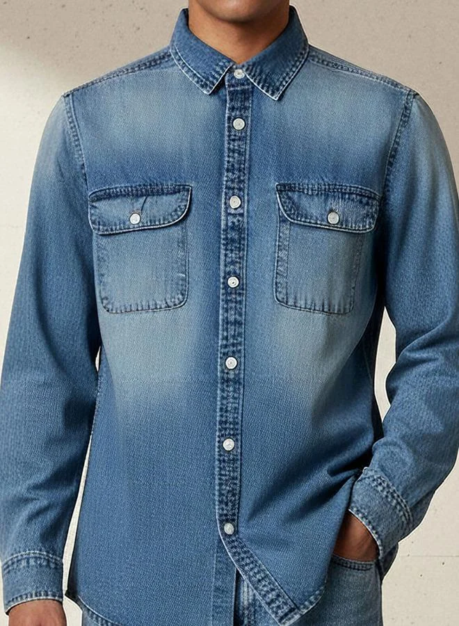 Lee Cooper  Lee Cooper Men Regular Fit Collared Long Sleeves Reef Denim Shirt for Men | Best Price UAE