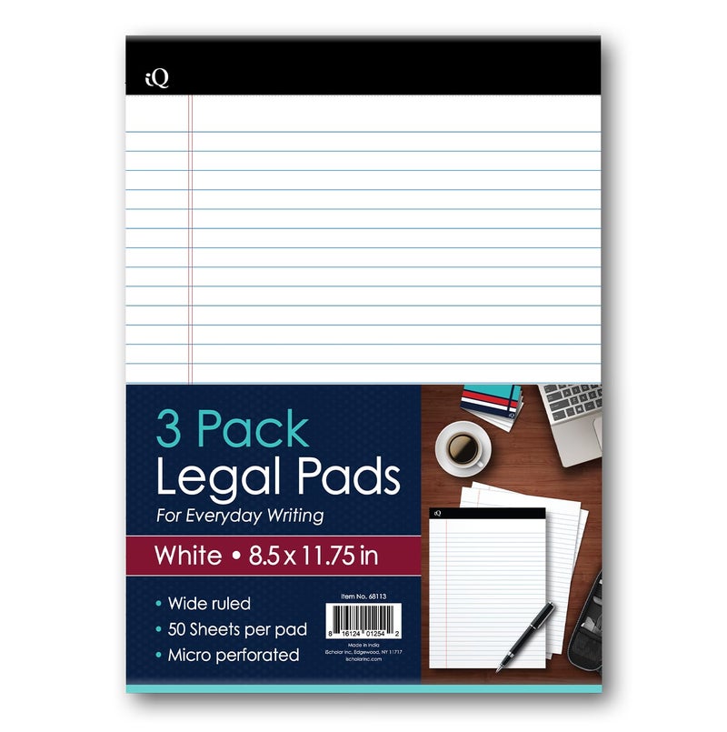 iScholar iQ Legal Pads White Wide Ruled 85 x 1175 50 Sheets Per Pad Pack of 3 Pads 68113