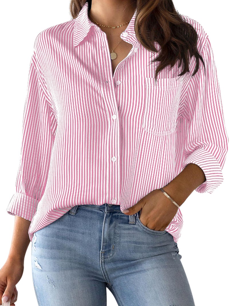 CUNLIN Pink Striped Shirt Women Top Shirts Dress for Button Down Light Long Sleeve Womens Oversized Tops Up Blouse Cotton Pink Size XXL - Image 1
