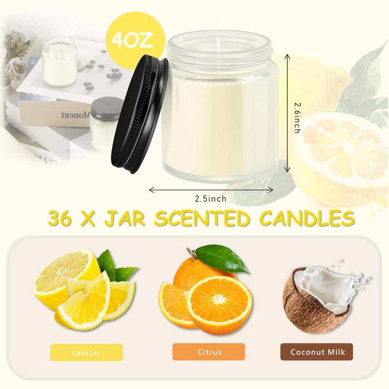 ACITHGL 36 Pcs 4oz Mini Mason Jar Candles Small Scented Candles Bulk Aromatherapy Ideal Souvenir Favors for Wedding Birthday Party (Lemon, Citrus, Coconut Milk, Black) - Image 2