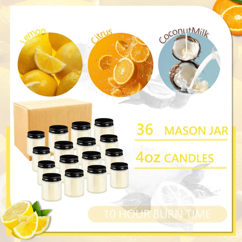 ACITHGL 36 Pcs 4oz Mini Mason Jar Candles Small Scented Candles Bulk Aromatherapy Ideal Souvenir Favors for Wedding Birthday Party (Lemon, Citrus, Coconut Milk, Black) - Image 3